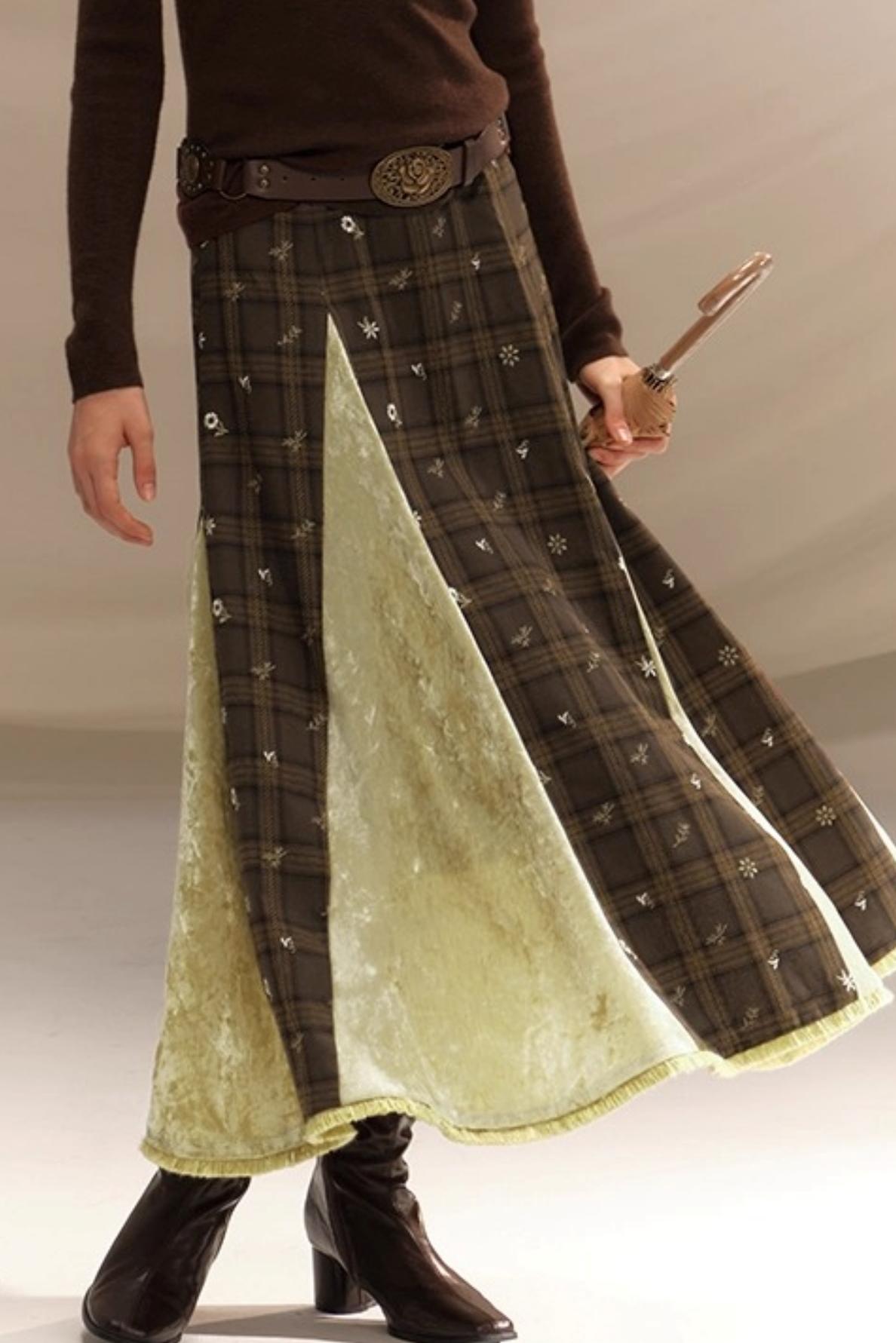 Embroidery Irregular Splicing Velvet Skirt