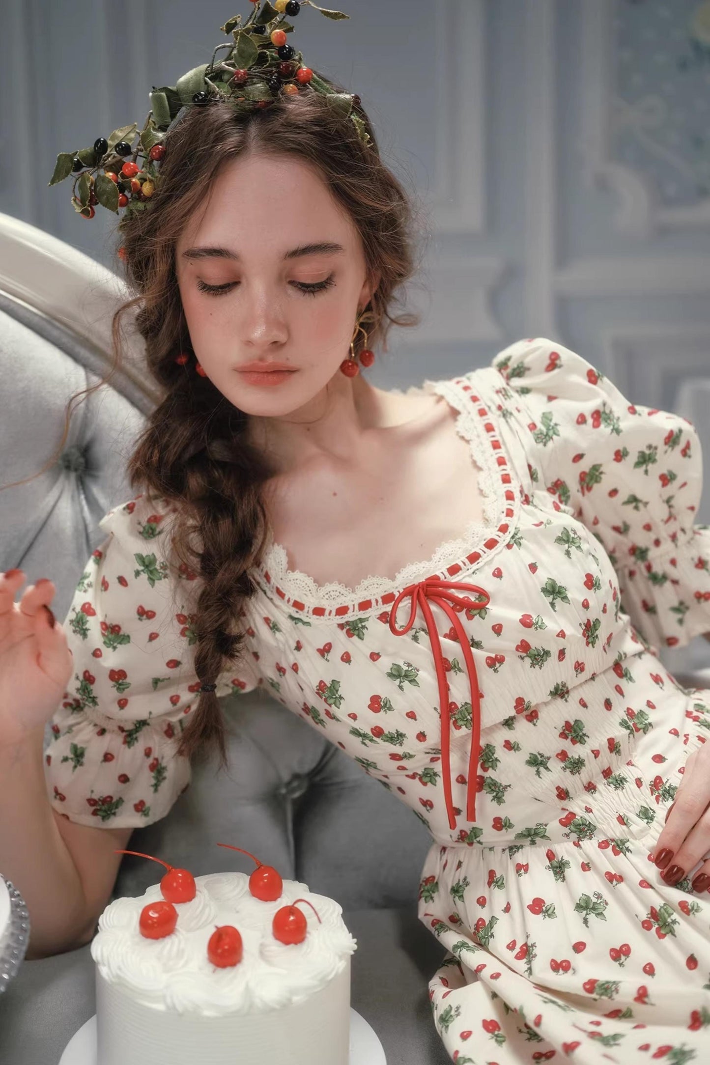 French Pastoral Style Strawberry Floral Dress