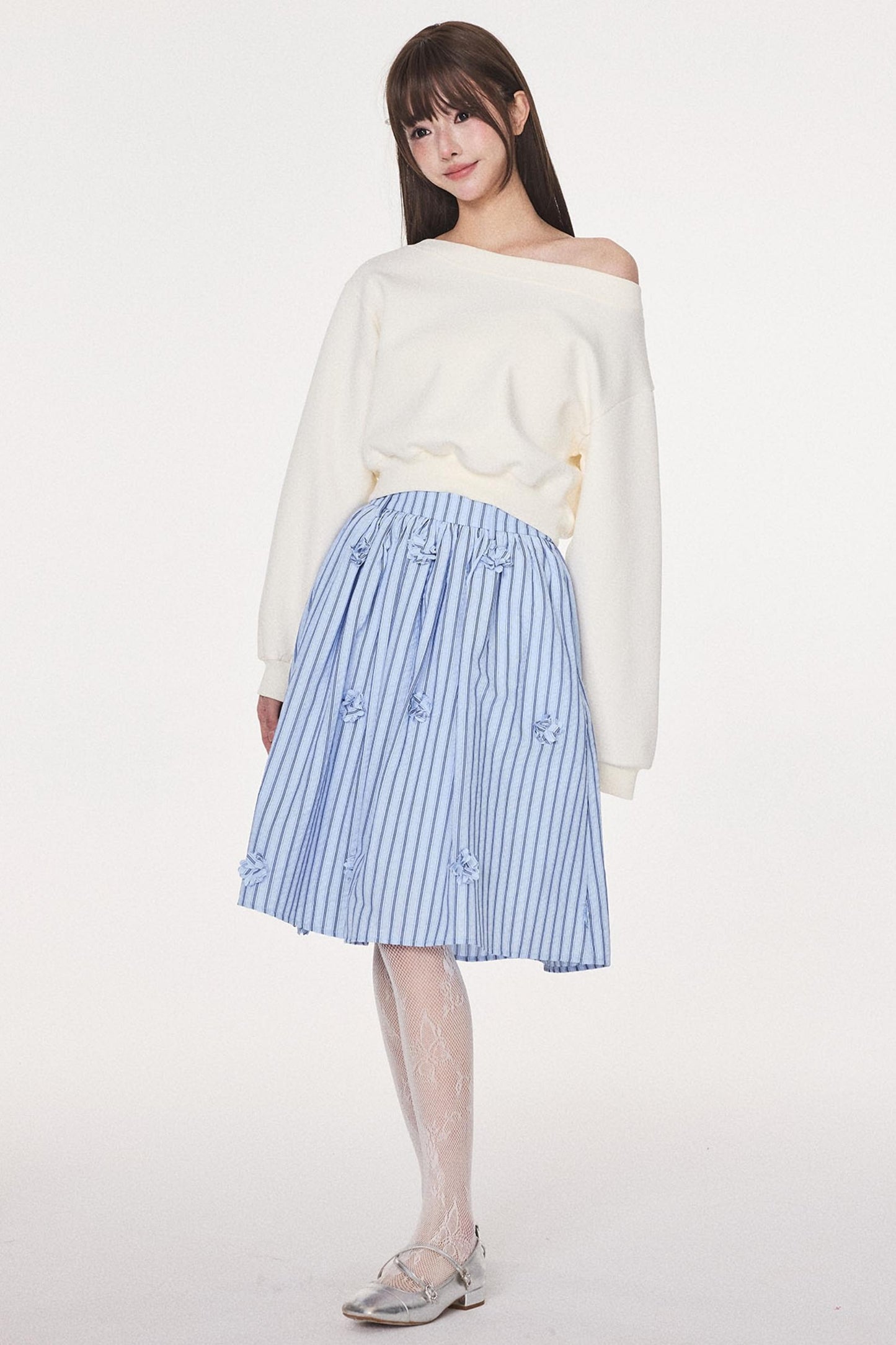 Blue Striped Flower Silhouette Skirt