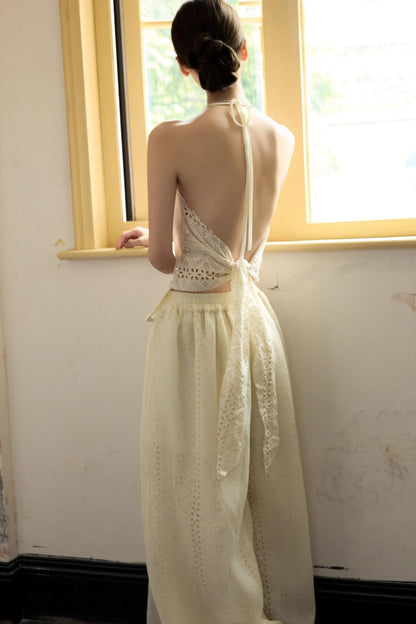 Romantic White Embroidered Halterneck Top