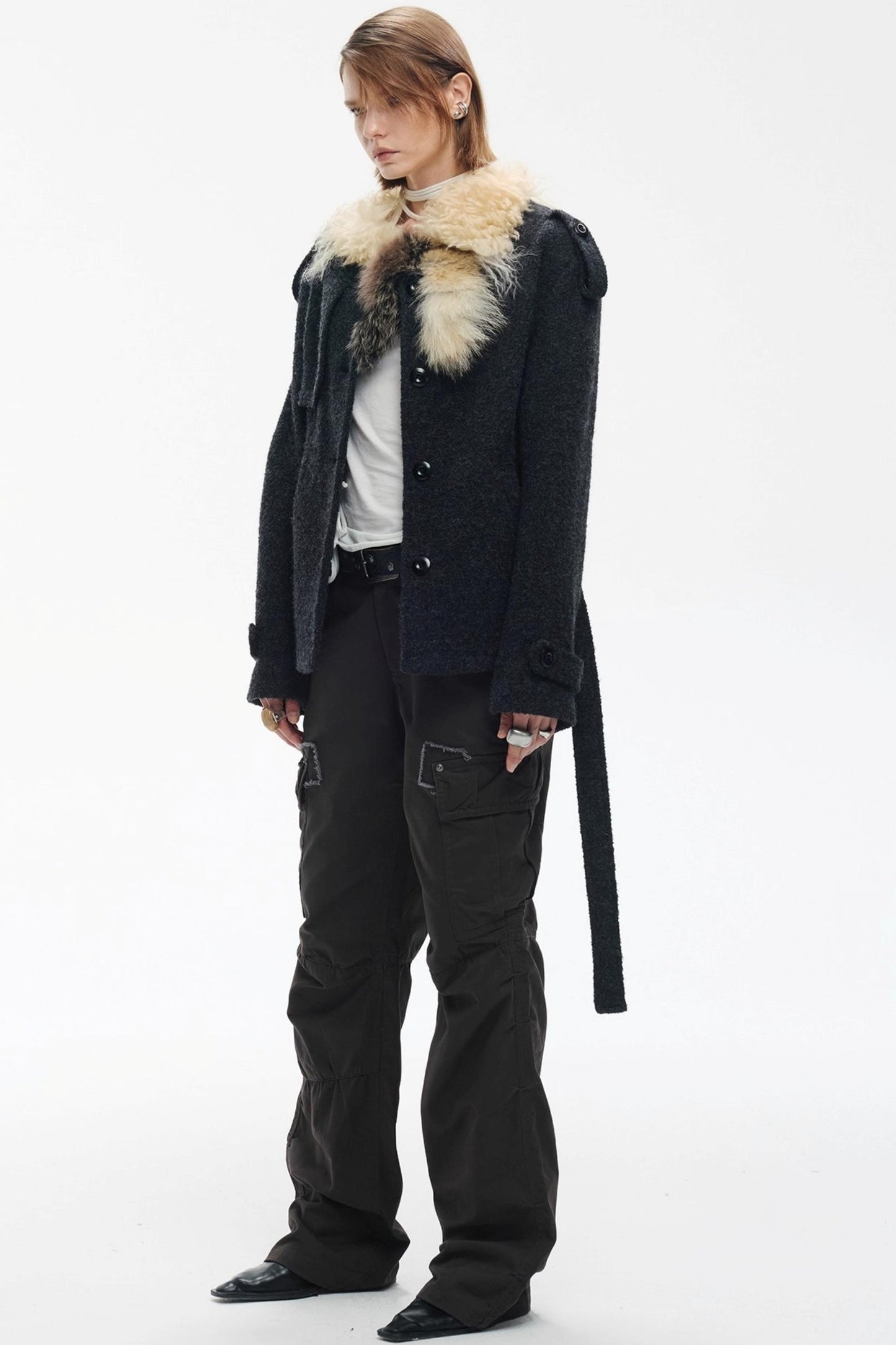 Wool Color-Blocked Fur Scarf