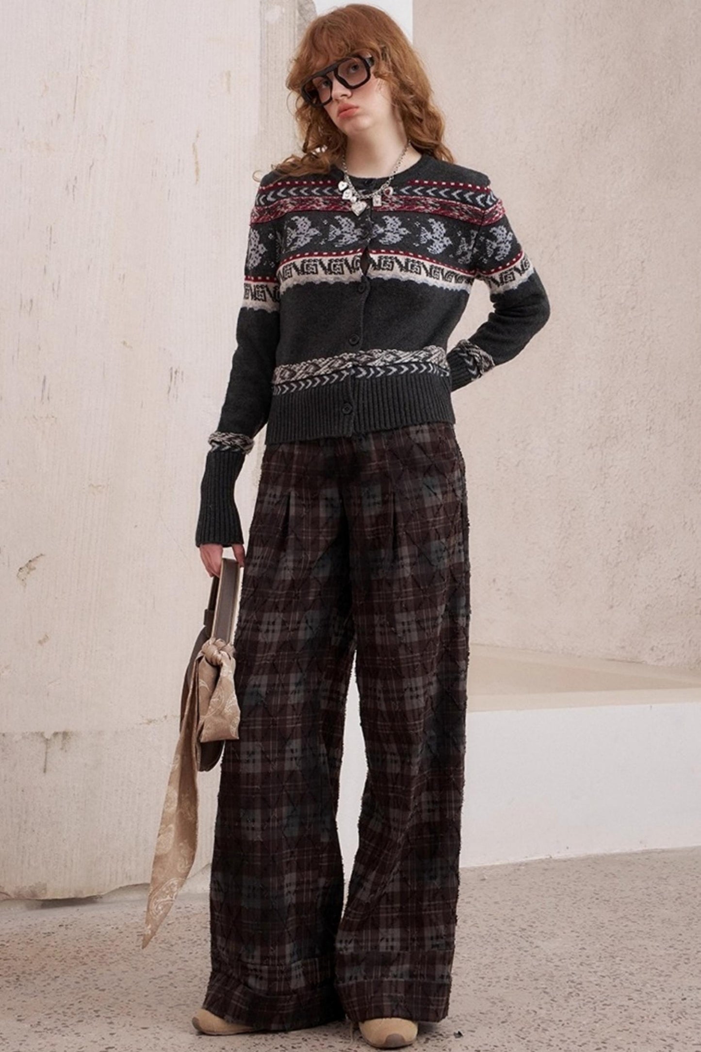 Textured Loose Plaid Trousers