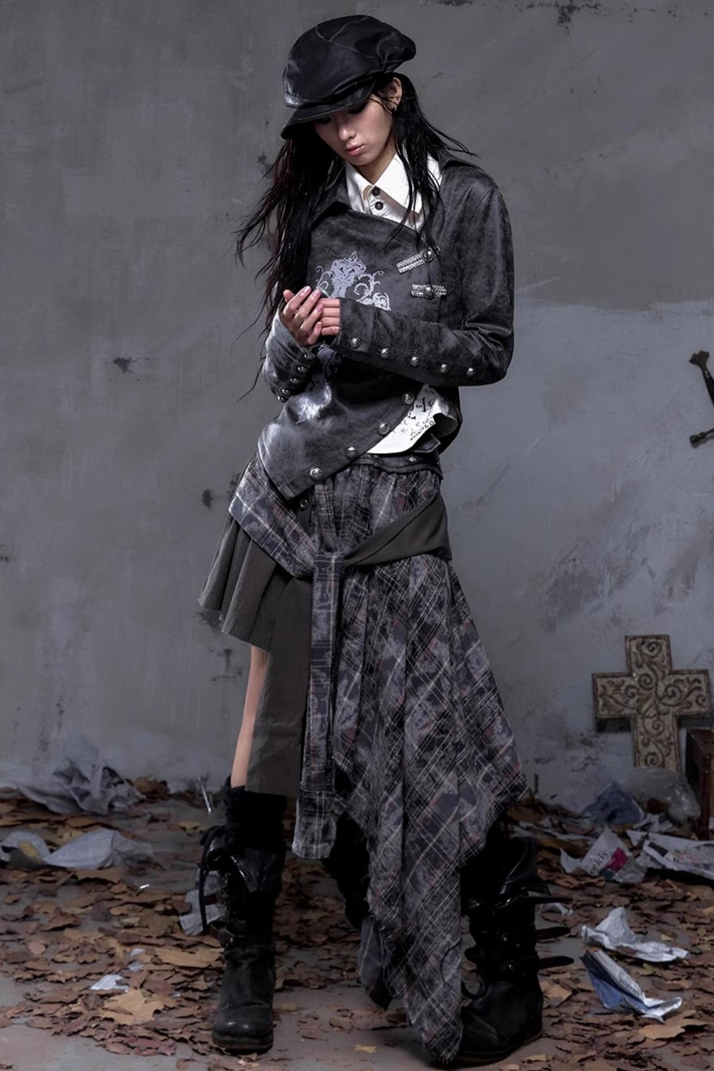 Vintage Slanted Placket Printed Leather Shirt