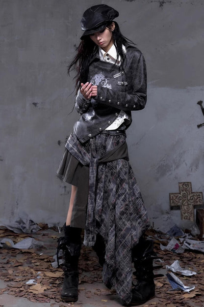 Vintage Slanted Placket Printed Leather Shirt