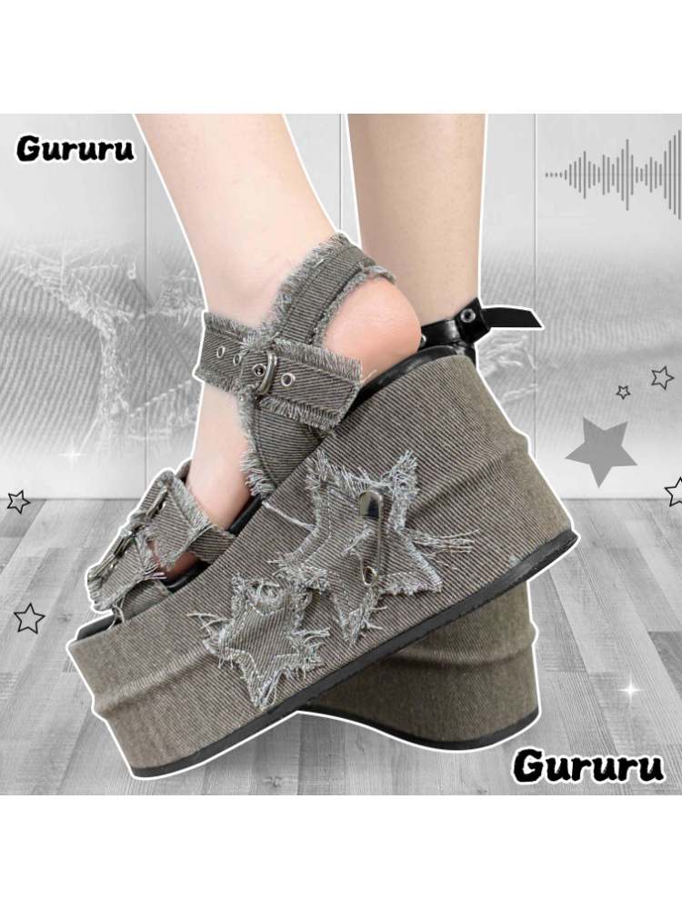 Y2K Punk Star Denim Eyelet Belt Super Thick Sole Sandals