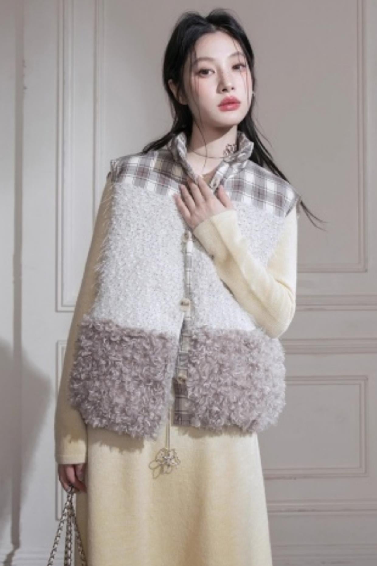 Cream Gray Lace Wool Dress