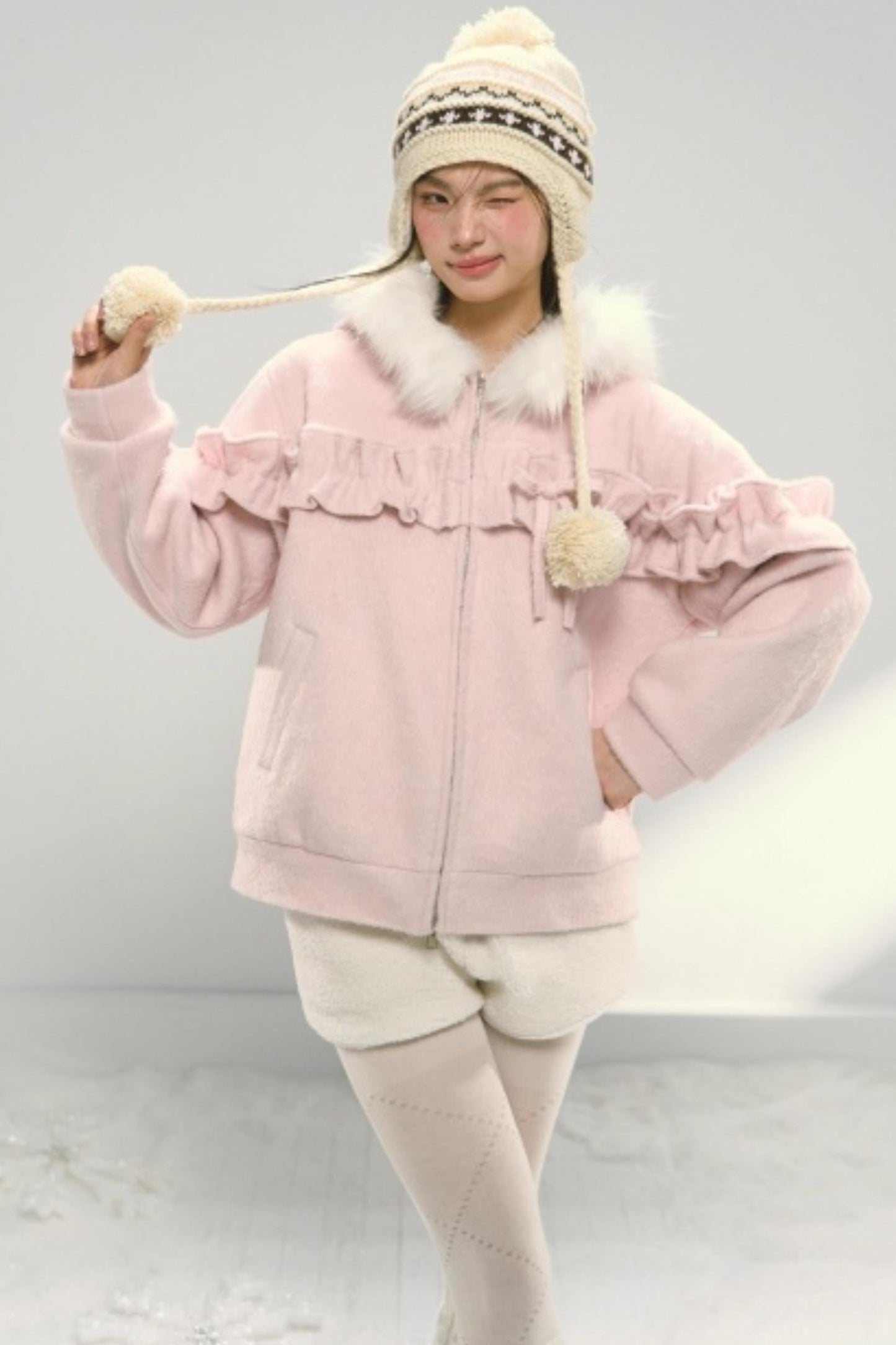 Lace Hooded Cotton Tweed Zip Jacket