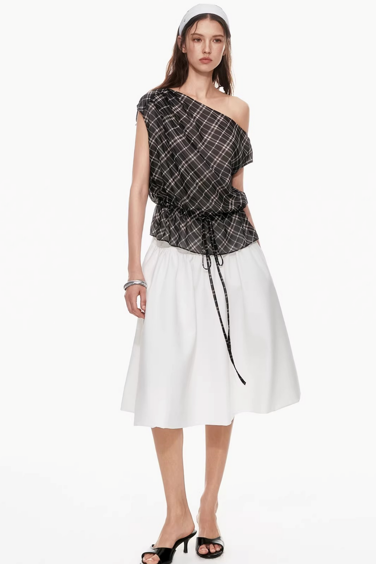 Plaid Asymmetrical Off-Shoulder Top