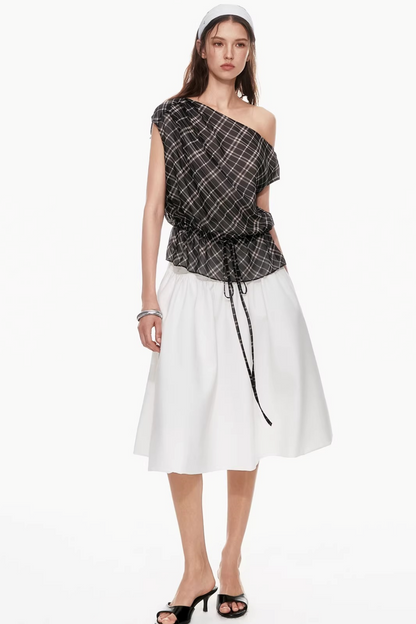 Plaid Asymmetrical Off-Shoulder Top
