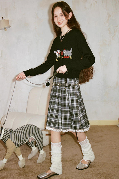 Kitten And Puppy Embroidered Wool Blend Knit Sweater