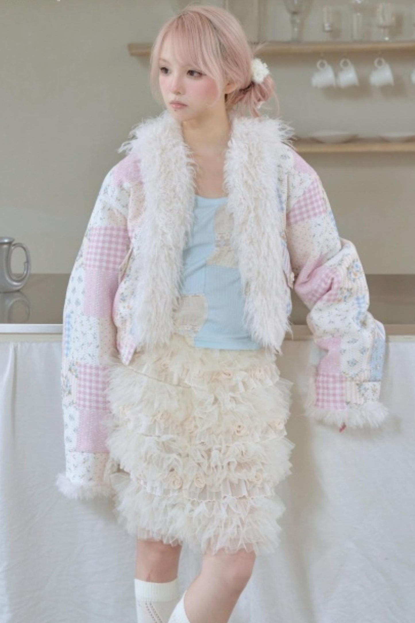 Sweet Floral Patchwork Fur Jacket