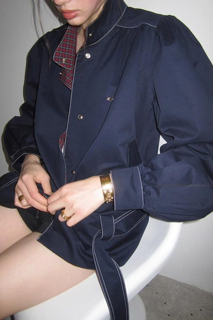 Vintage Navy Blue Patchwork Check Jacket