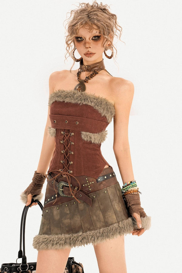 Furry Patchwork Leather Skirt Set-Up