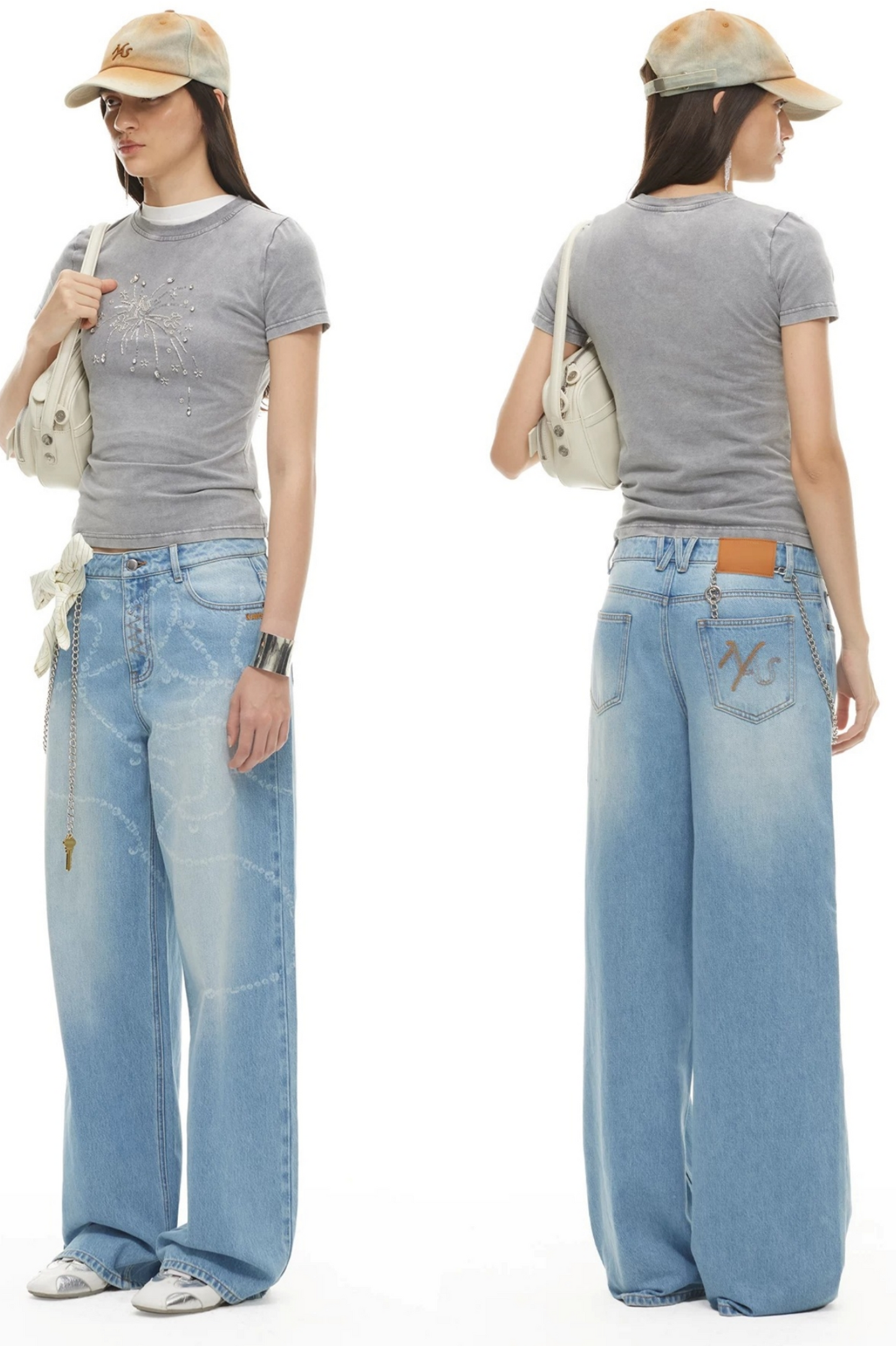 Wide-Leg Diamond Chain Jeans