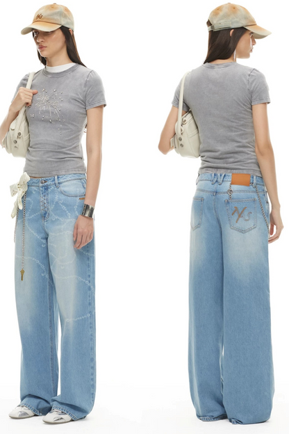 Wide-Leg Diamond Chain Jeans