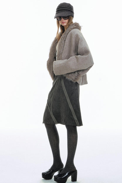 Curved Fur Collar Woolen Coat