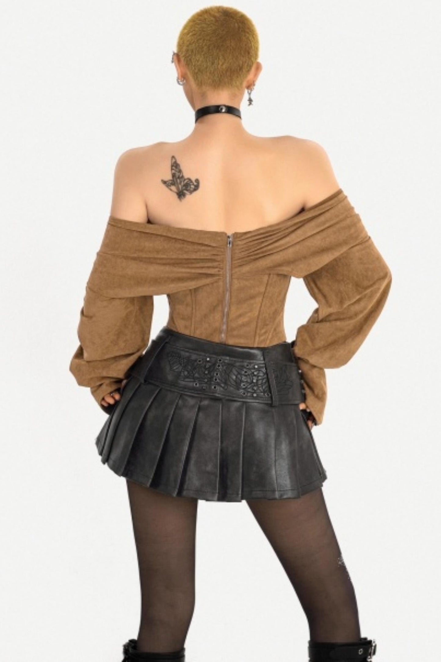 Caramel Retro Off-Shoulder Top