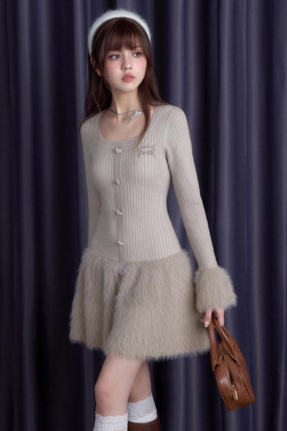 Sweet Knitted Fur Skirt Dress