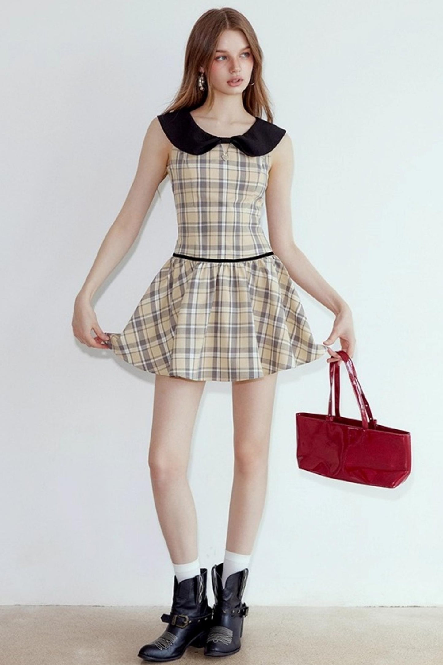 Plaid Contrasting Doll Neck Puffy Dress