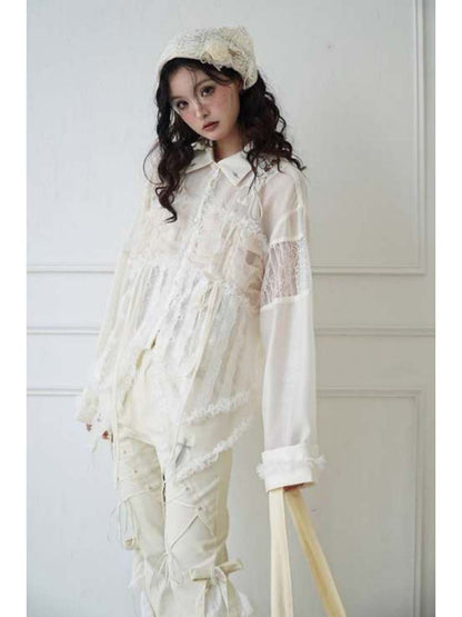 Lace-Up Crosses Embroidery Chiffon Lace Trim Shirt