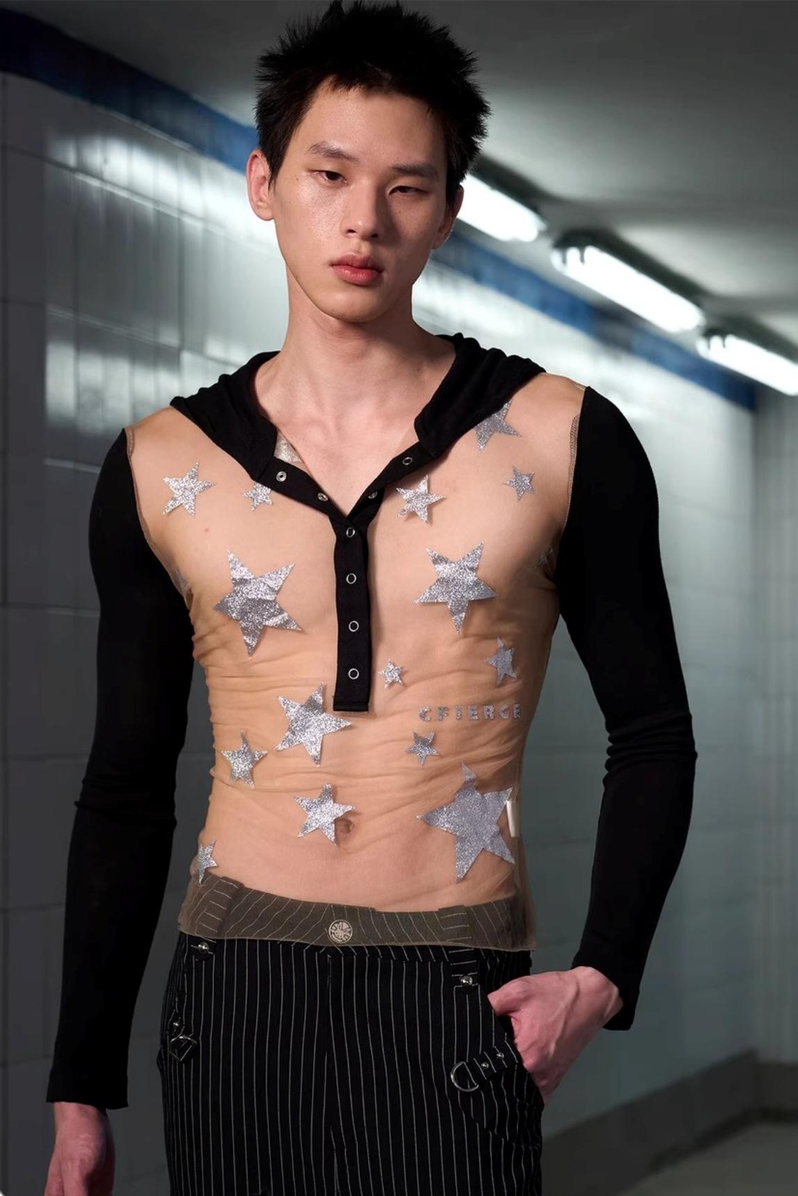 Pentagram Glitter Print Long-Sleeved Top