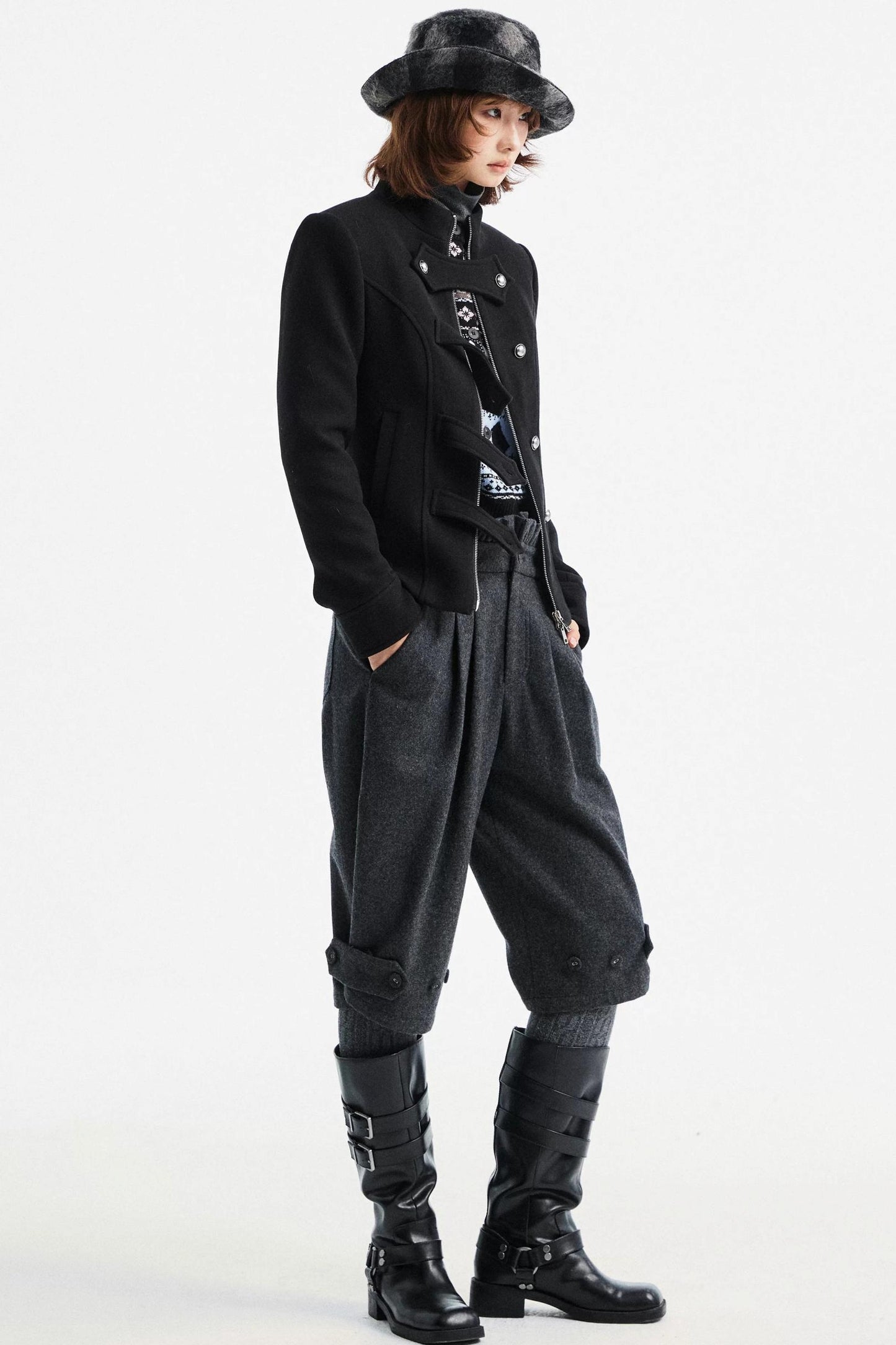 Gray Woolen Lace-Trim Pants