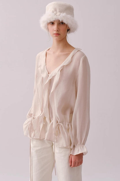 Lyocell Ruffled V-Neck Shirt