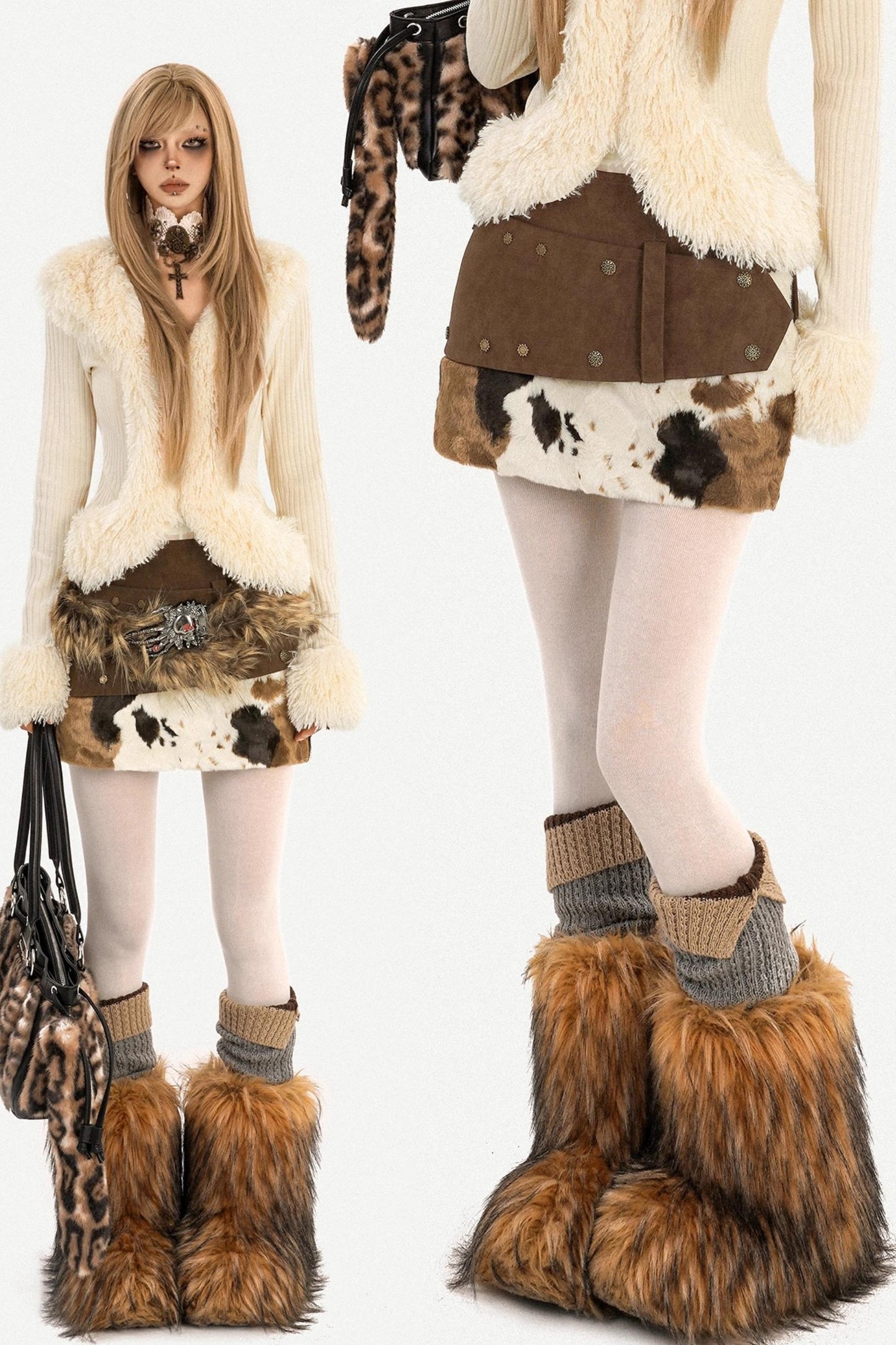 Retro Cow Print Leather Skirt