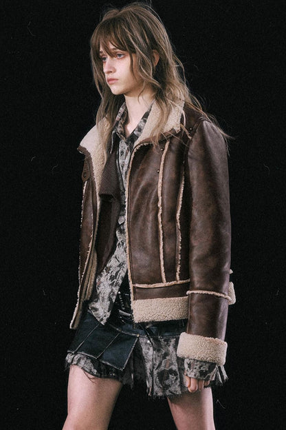 Brown Fleece Retro Biker Jacket