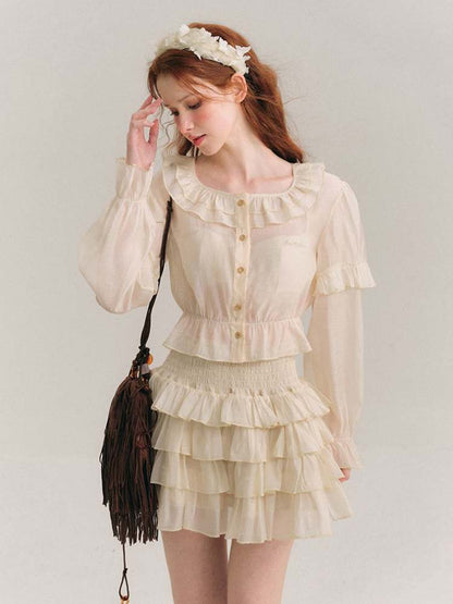 Ruffle Collar Shirt & Cake Mini Skirt