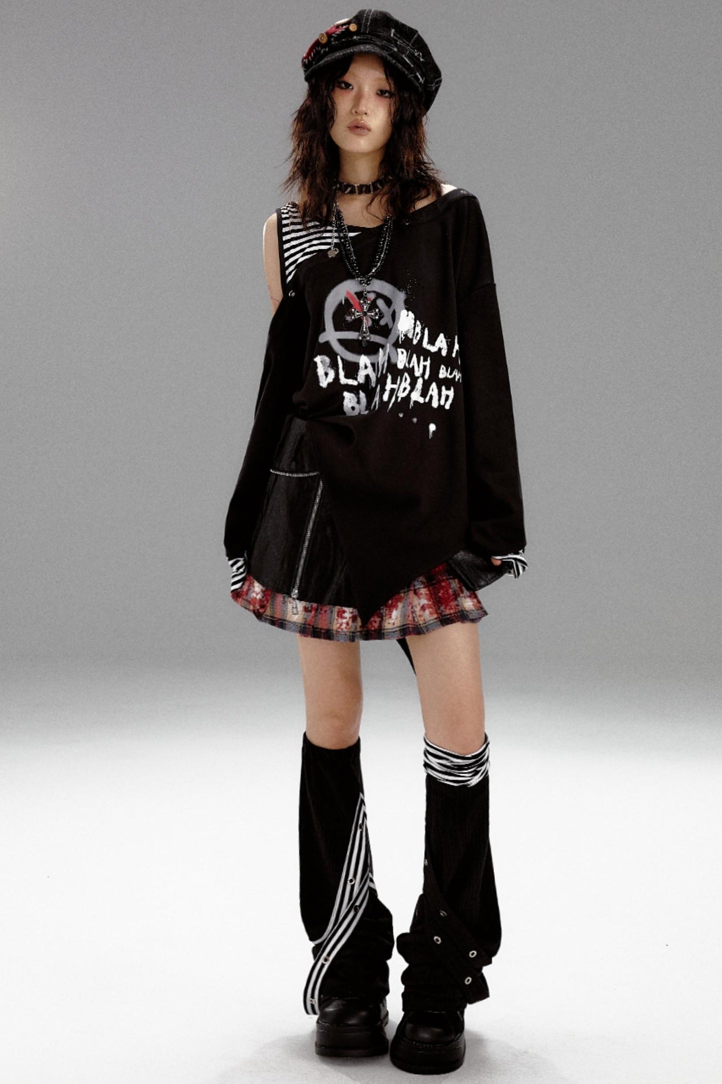 Punk Striped Dropped Shoulders T-Shirt