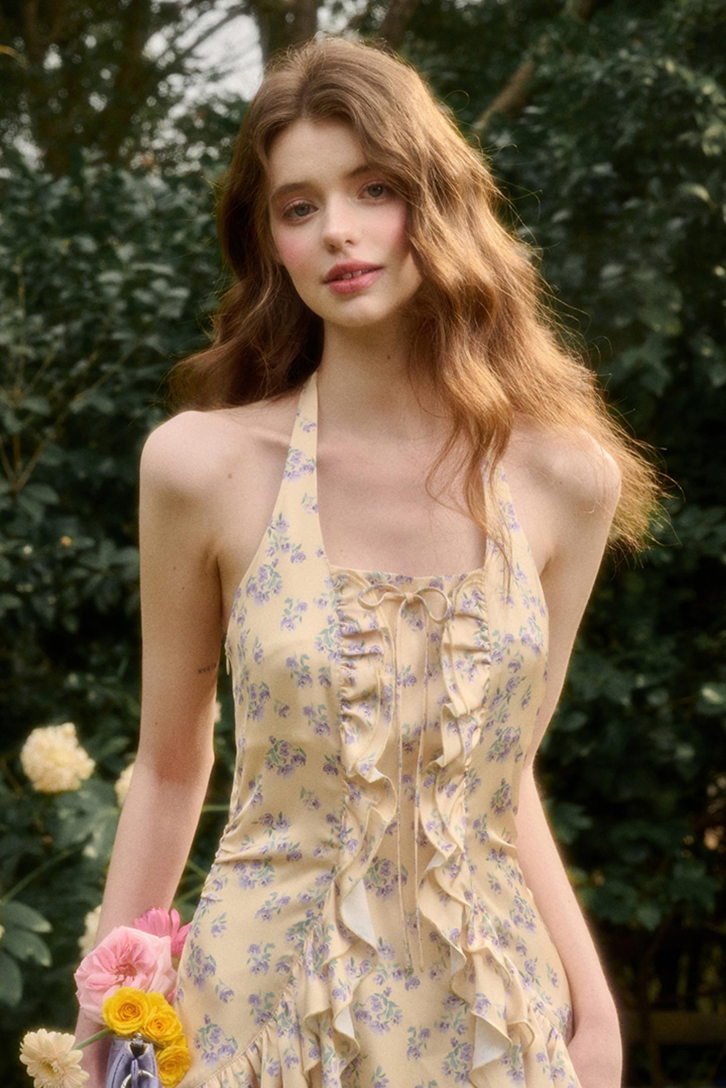 Lemon Sea & Iris Lace Halter Satin Dress