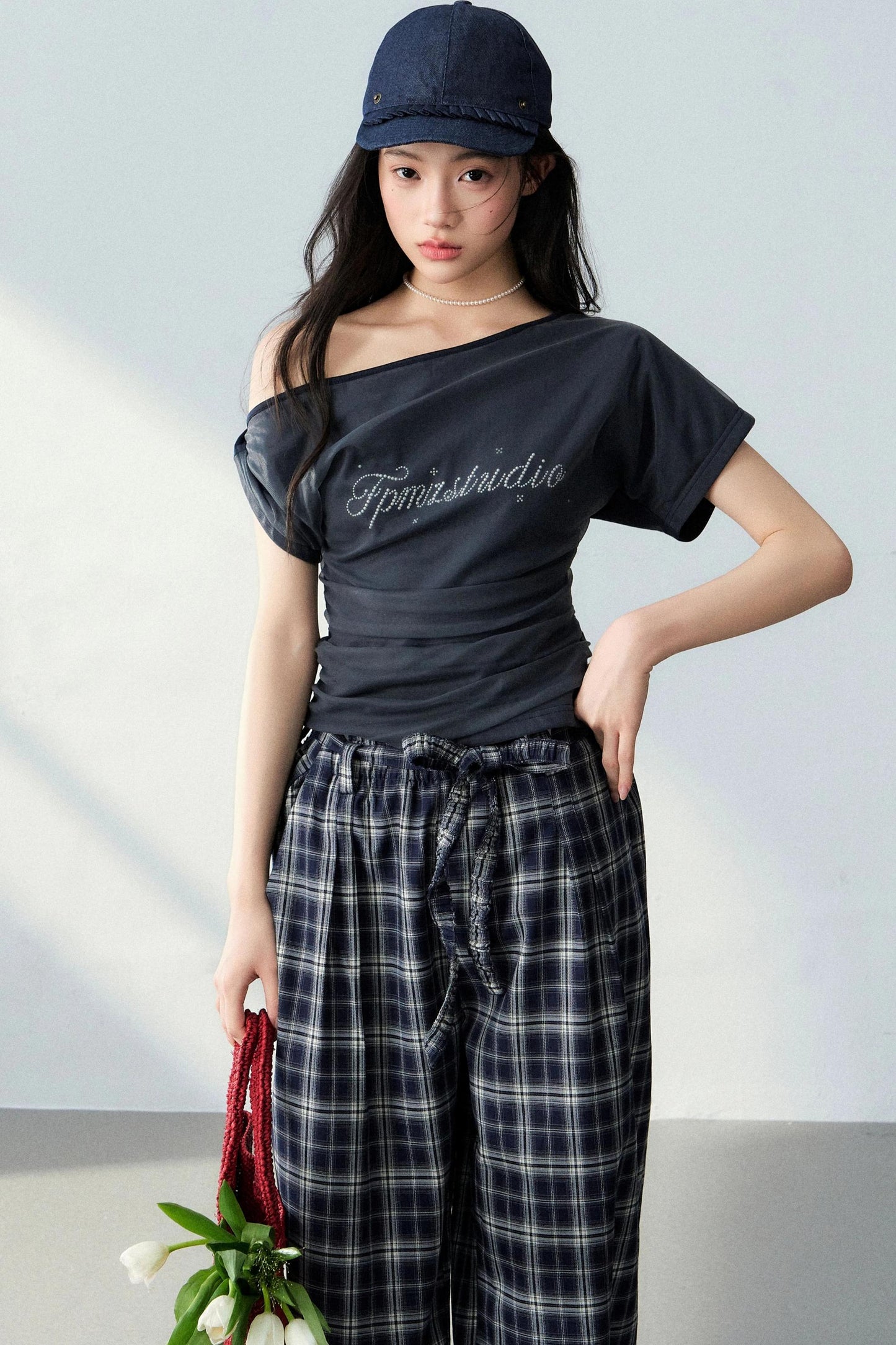 Asymmetrical Top and Plaid Pants Set-Up