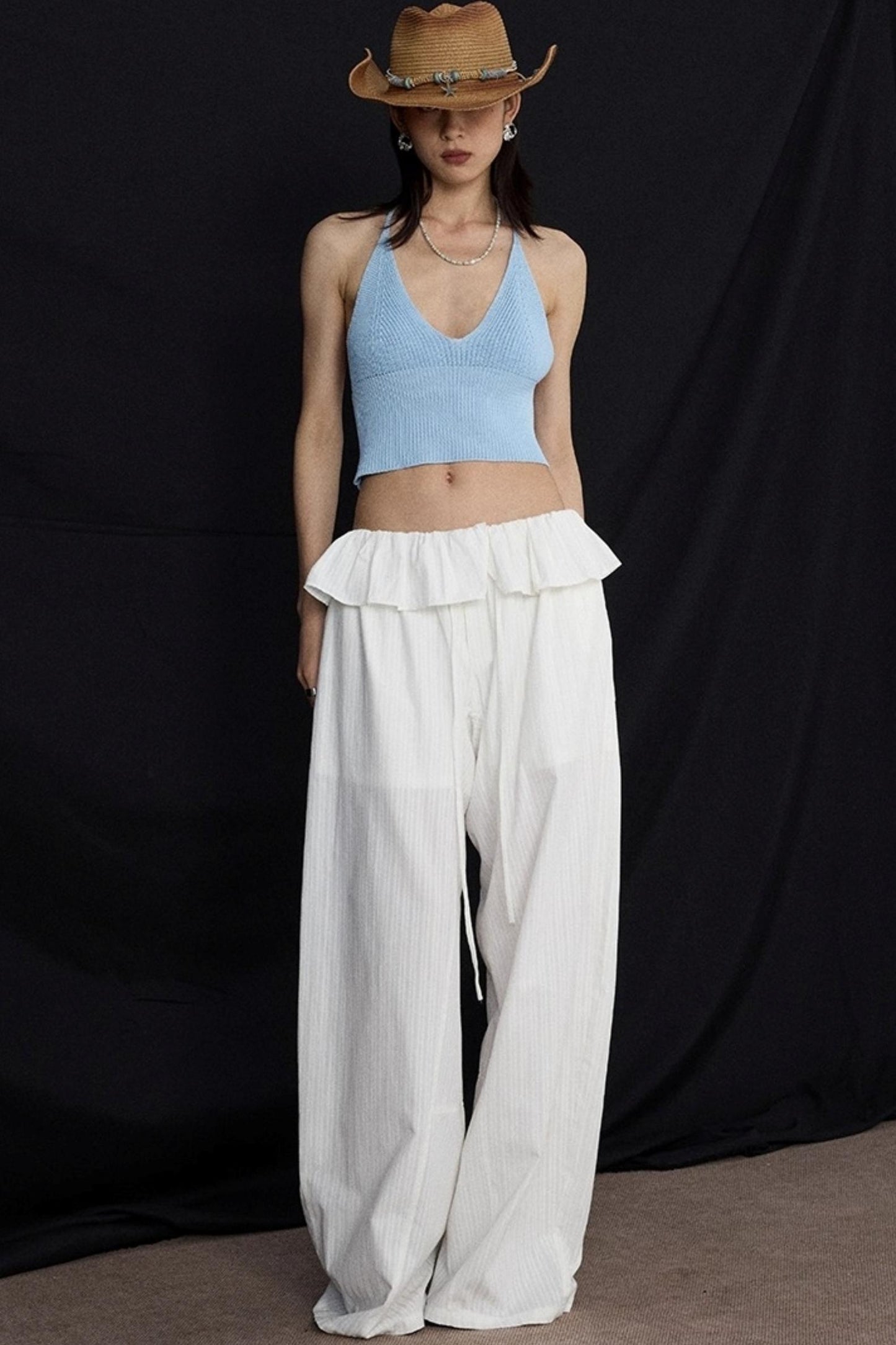 White Lace Drawstring Wide-Leg Pants