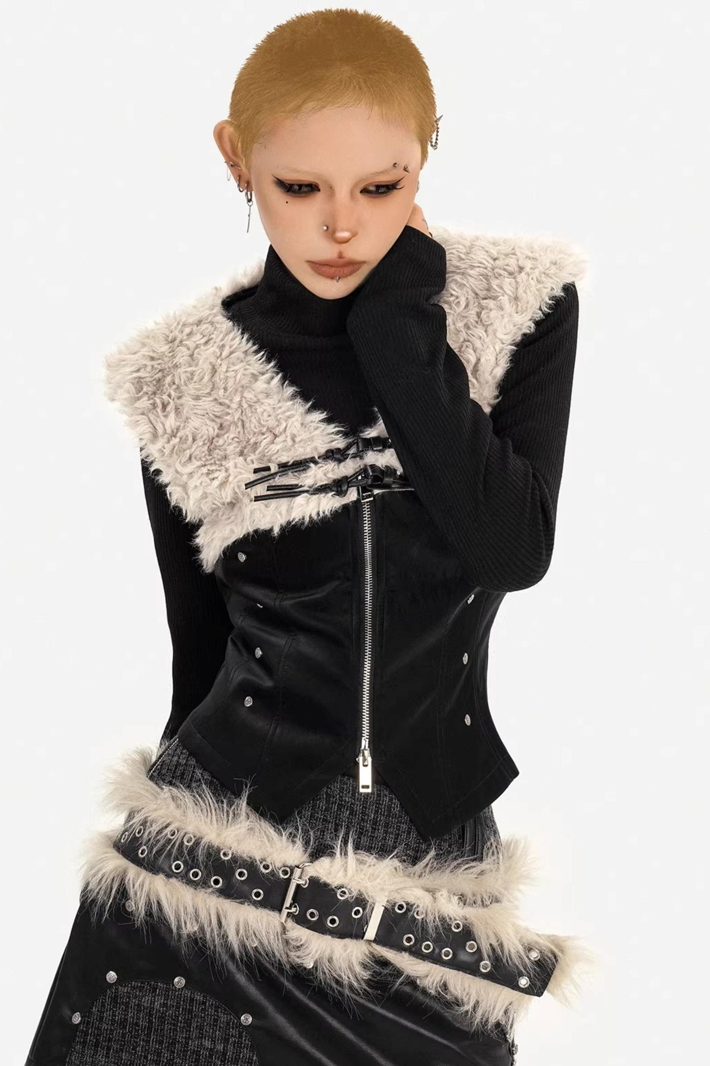 Plush Patchwork Leather Vest Jacket Set