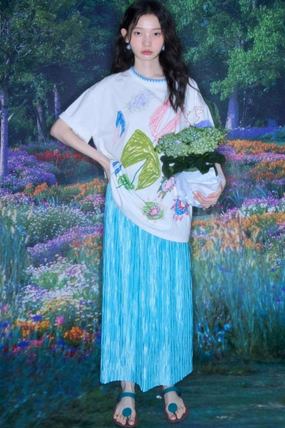 Original Design Glass Blue Elasticated Pleated Skirt