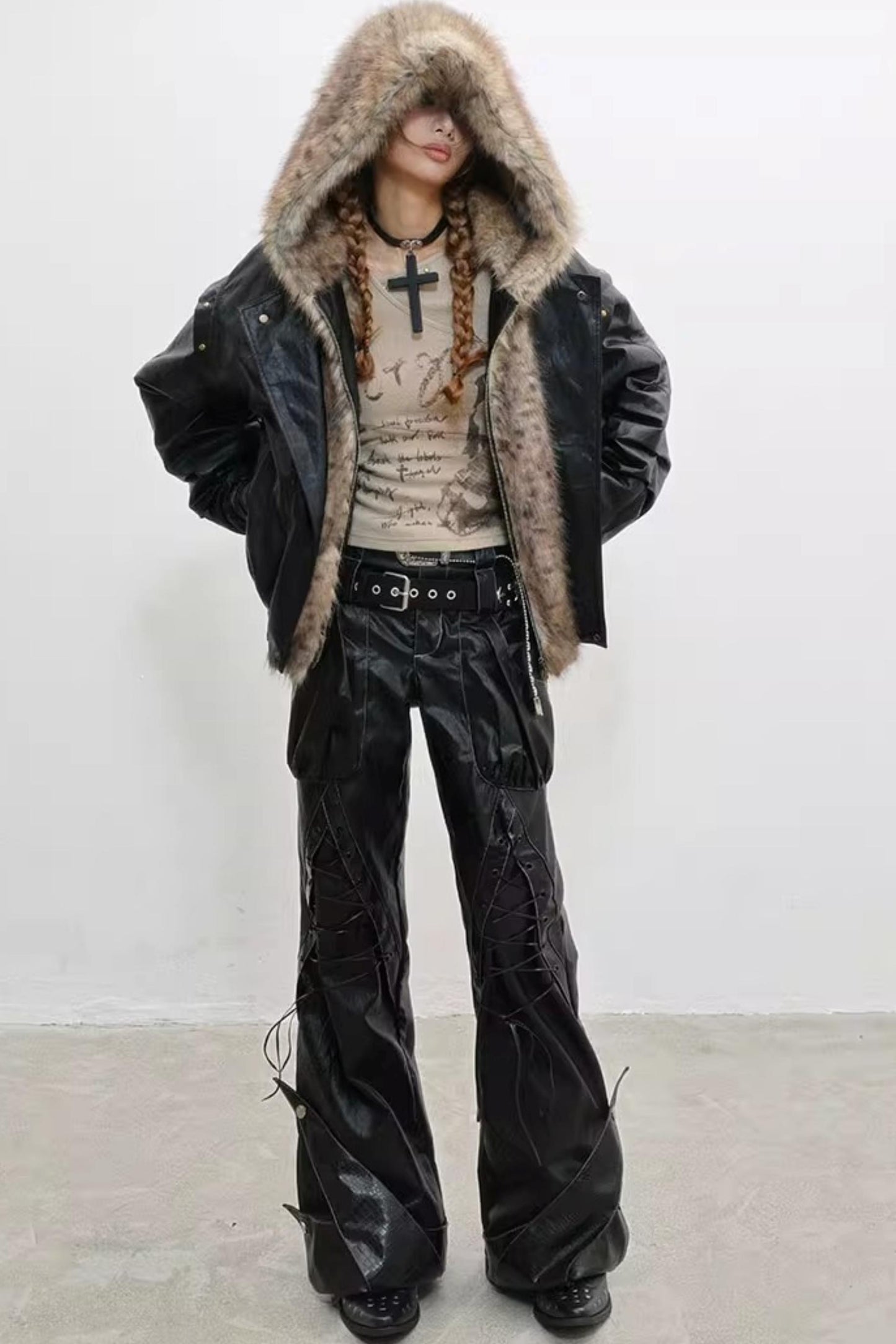 Invisible Fur Patchwork Leather Jacket