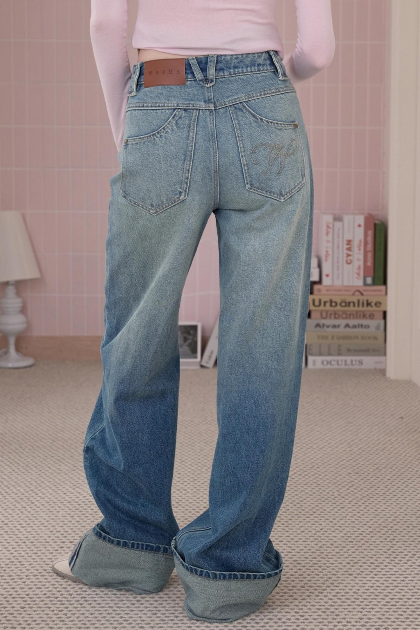 Retro Fashionable Sweet Cuffed Wide-leg Jeans
