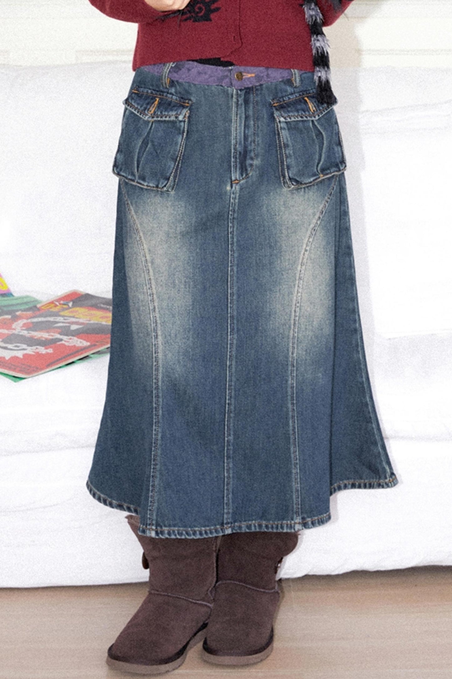 Lace-Trimmed Denim Midi Skirt