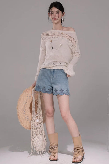 Laser Embroidery Denim Pants