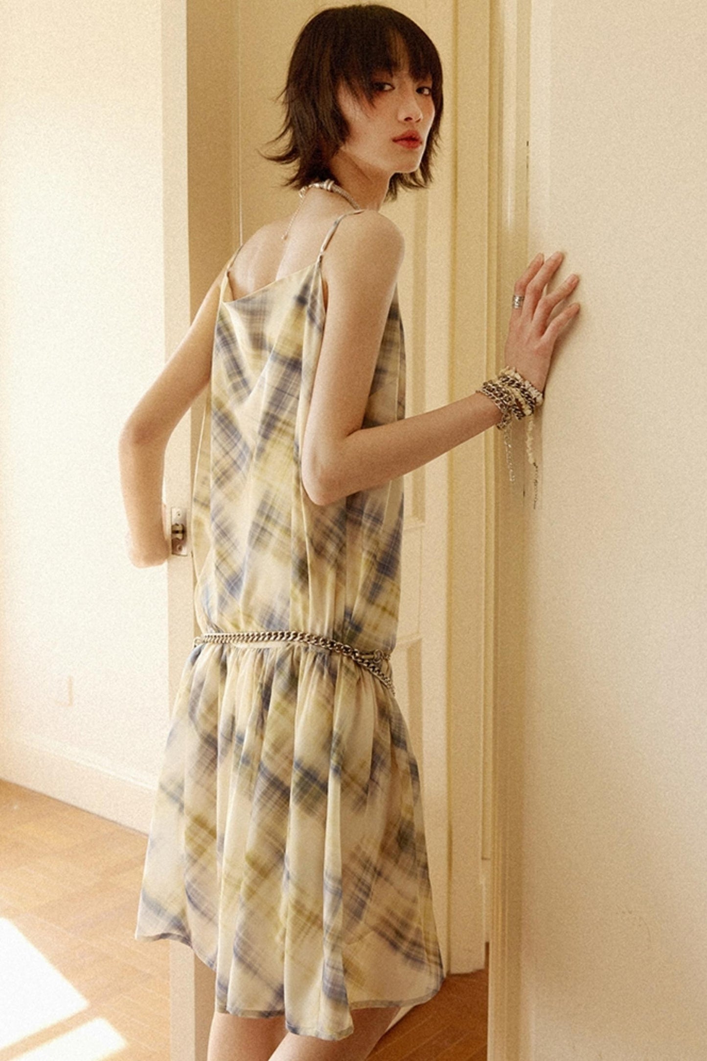 Illusion Plaid Halter Dress