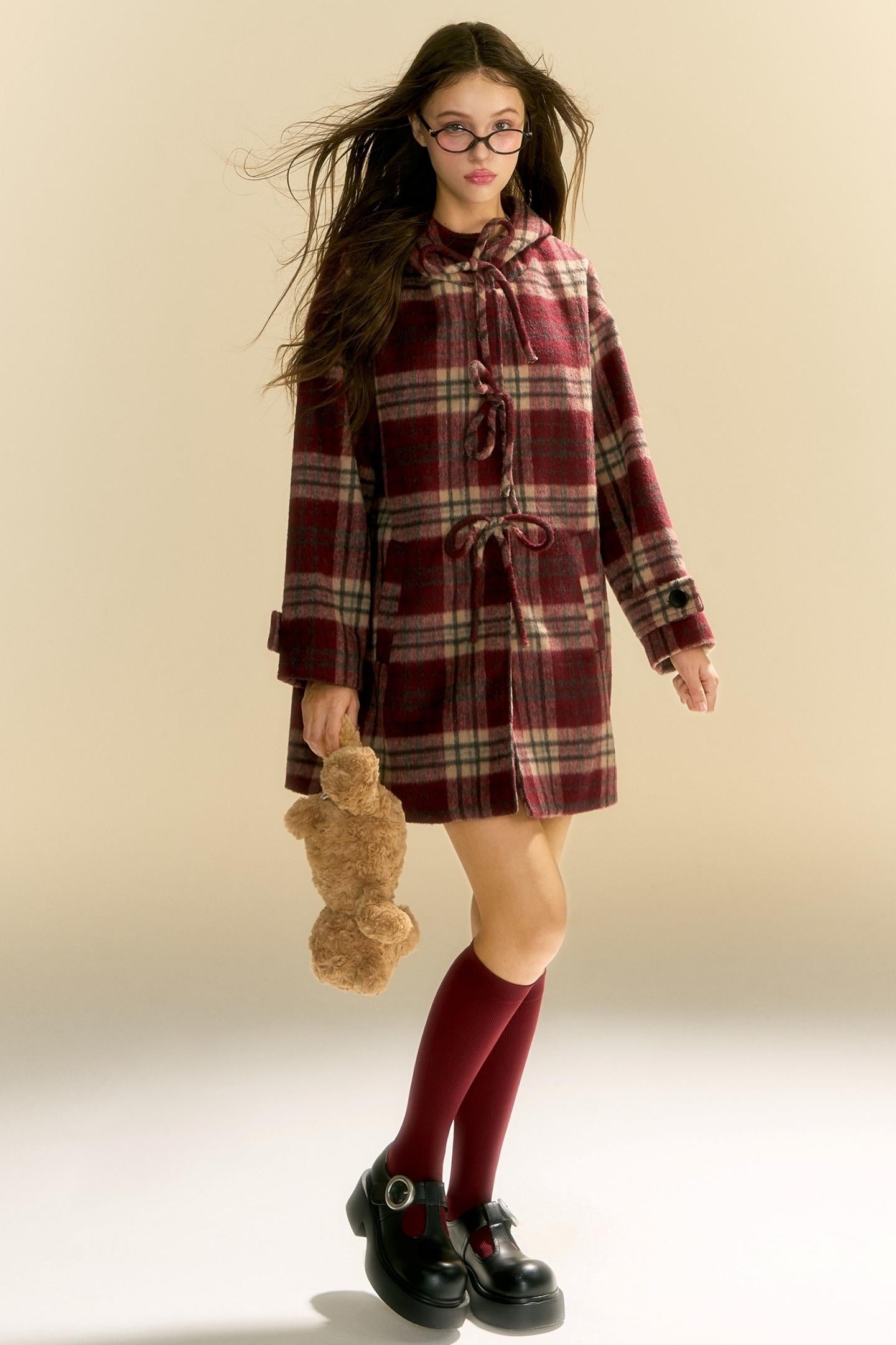 Plaid Bow Hoodie Coat Dress