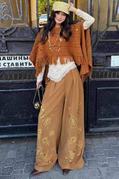 Cashew Flower Embroidered Wide-leg Pants