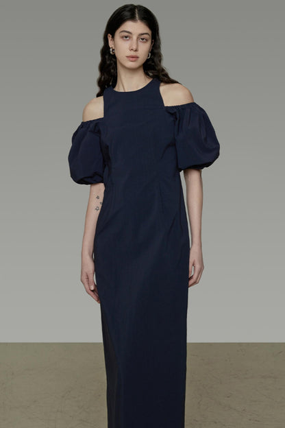 Navy Slim Bubble Sleeve Maxi Dress