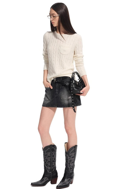 Cashmere Wool Cable Knit Top