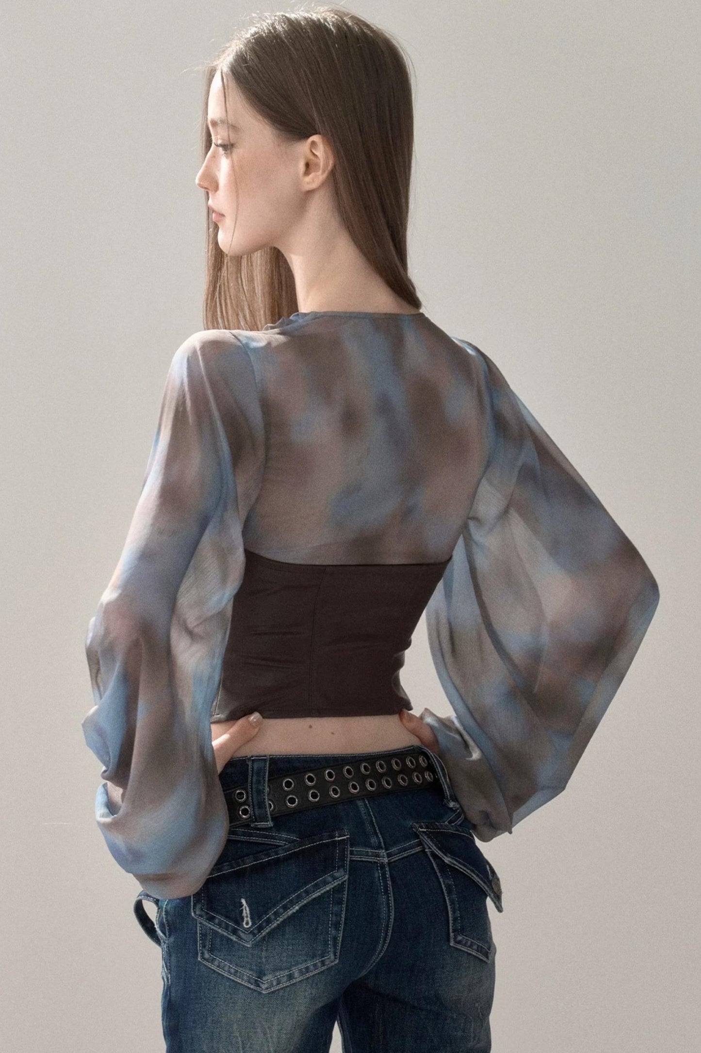 Waist-Cinching Printed Chiffon Shirt