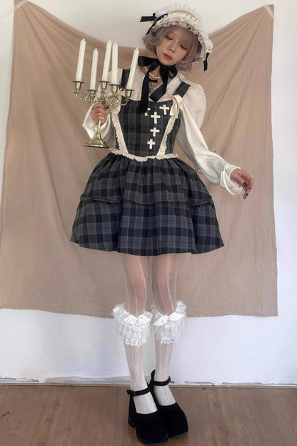 Gray Plaid Waist Cinched Herringbone Lace Bow Tie Dress Set-Up