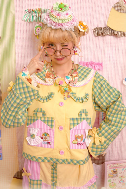 Patchwork Plaid Embroidered Top & Skirt Set-Up