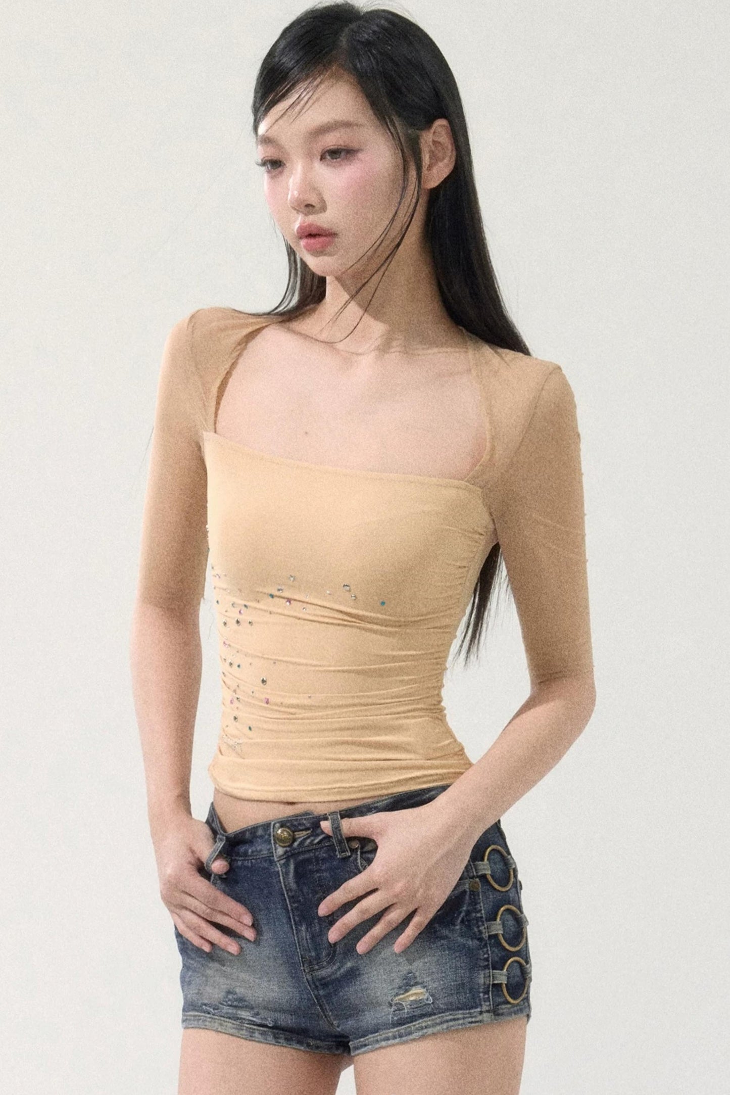 Mesh Splicing Rhinestone Top