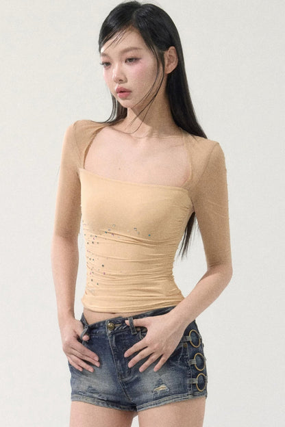 Mesh Splicing Rhinestone Top